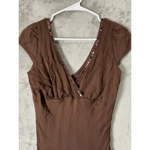 Vintage Y2K Babydoll Silk Chiffon Sequin Brown Midi Dress Small‎ Earth Fairy New thumbnail 2