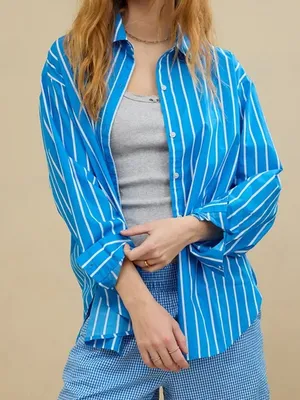 Aerie Good Day Button‎ Down Shirt Large Blue Striped Oversized Cotton thumbnail 1