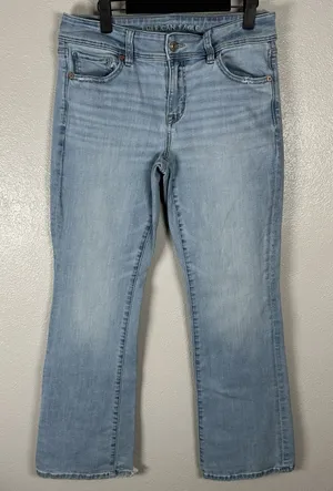 American Eagle Kick Boot Flare‎ Stretch Jeans Womens 8Short Light Wash Fray Hem thumbnail 1