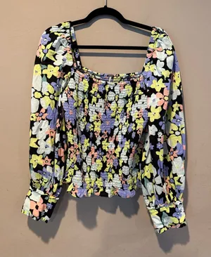 Free People Black Floral Smocked Square-Neck Top thumbnail 1