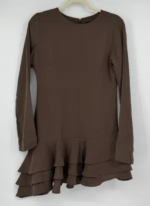 Zara NWT Brown Modal Blend Asymmetric Ruffle Hem Mini Dress M Long Sleeve thumbnail 1