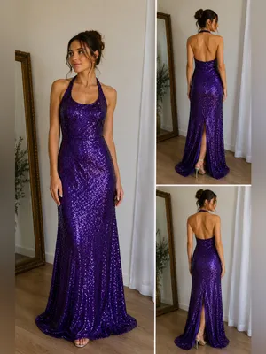✨💜 Jessica McClintock Gunne Sax‎ Purple Sequin Halter Gown Dress 3/4 ✨💜 thumbnail 2