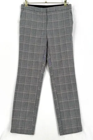Zara Plaid Trousers Women L Gray Black Burgundy Straight Leg Elastic Waist Zara thumbnail 1