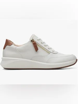 Clarks Women's White Leather Sneakers with Gold Zip and Brown Accents Size 8.5 thumbnail 2