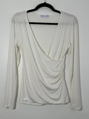 Mangopop Womens Medium Long Sleeve Deep V-Neck Cross Wrap Top White Flowy Boho thumbnail 1