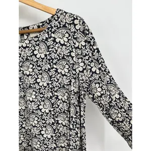 LOFT Blouse Women L Navy Blue White Floral Paisley Long Sleeve Keyhole Back thumbnail 6