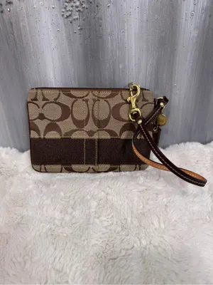 Coach Signature Canvas Wristlet in Khaki and Brown with Leather Strap thumbnail 3