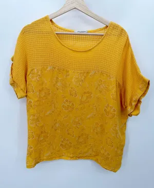 Viola Borghi Women Orange 100% Linen Floral‎ Mixed Media Top Large Made in Italy thumbnail 1