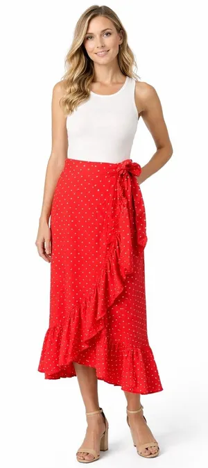 Draper James‎ Wrap Midi Skirt Women Medium Red Polka Dot Ruffle Trim Preppy Boho thumbnail 1