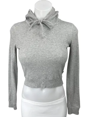 Aritzia TNA Gray Waffle Knit Long Sleeve Hooded Hoodie Crop Sweater Top Size XXS thumbnail 1