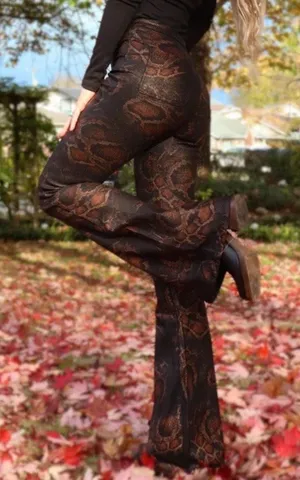 Willow Boutique XL Brown Snake Print Flare Pants High Rise Stretch Bell Bottom thumbnail 1