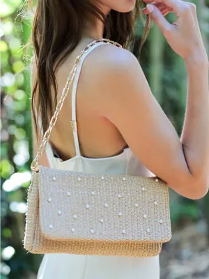 NWOT Shiraleah Raffaella Pearl Shoulder Crossbody‎ Bag Natural Woven Straw Chain thumbnail 2