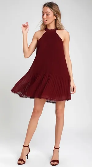 Lulus Burgundy Pleated Halter Mini Dress Ruffle Swing Party Cocktail Small thumbnail 1