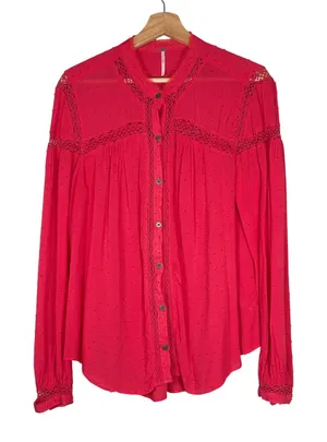 Free People Abigail Victorian Lace Yoke Pink Red Button Up Top Womens‎ Large thumbnail 1