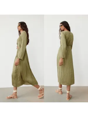 Zara Olive Cutout Pleated Midi Dress thumbnail 3