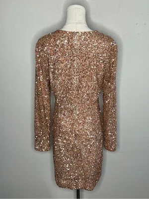 Retrofete Bronze Rose Gold Sequin Long Sleeve Nikki Mini Dress Evening Party thumbnail 2