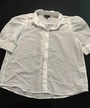 Modern Works White‎ Striped rhinestone Short Puff Sleeve Button Down Blouse thumbnail 1