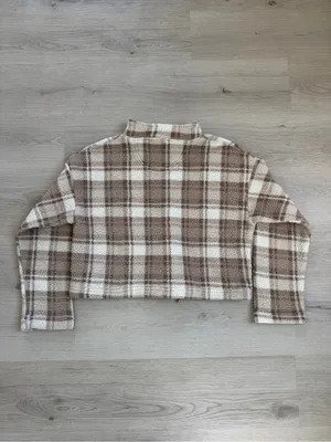 Love Tree beige cream plaid cropped sherpa teddy quarter zip pullover size small thumbnail 3