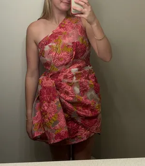 Showpo Pink and Orange wrap mini dress one shoulder thumbnail 3