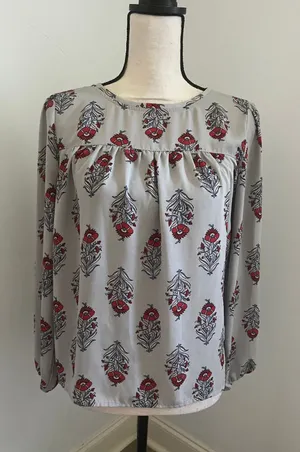Loft Grey Floral Blouse XSP Long Sleeve Red Boho Chic Cottagecore Office Airy Flowy thumbnail 1