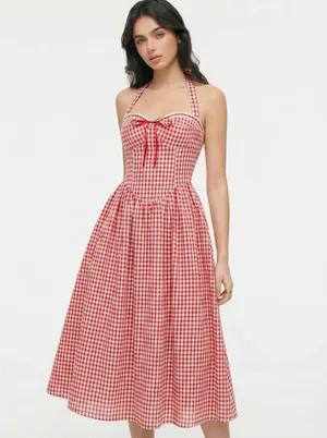 Cider Red Gingham Halter Midi Dress thumbnail 2