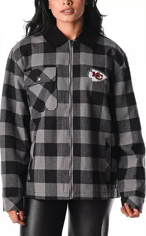 Kansas City Chiefs flannel‎ jacket black gray buffalo plaid women’s size large thumbnail 1