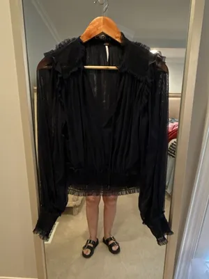 Free People Sheer Mesh Ruffle Blouse Size L thumbnail 1