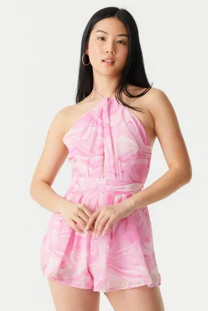 Charlotte Russe Chiffon Marble Print Cut-Out Self-Tie Halter Neck Romper thumbnail 1