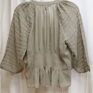 NWT French Connection Warm Gray Sheer 1/2 Sleeve Ruched Sleeve & Pleated Blouse thumbnail 2