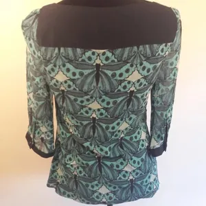 100% Silk Express Blouse Butterfly Blue Teal S Top v6x thumbnail 3