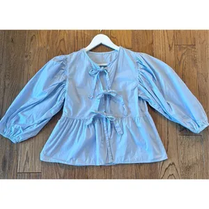 Blue cotton puff sleeve tie front fashion top size M thumbnail 3