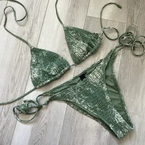 Triangl Smocked Bikini Swimsuit floral triangle cheeky womens Green (large) swim thumbnail 1