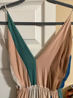 Indah Striped V-Neck Maxi Dress in Teal, Navy, Beige and Cream thumbnail 4