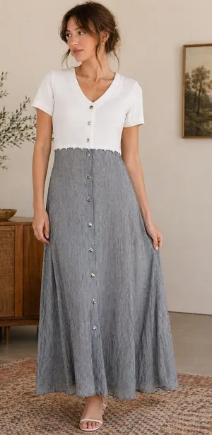 Vintage 90s L.A. Gal Colorblock Maxi‎ Dress White Knit Gray Skirt 12 thumbnail 1