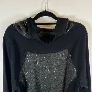 Free People‎ Sequin Mixed Media Hoodie Black Charcoal Grey Pullover Small boho thumbnail 2