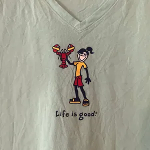 Life Is Good Teal Blue V-neck Tee Cotton Lobster Girl Gorpcore Women size Medium thumbnail 3