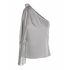 Boston Proper charmeuse‎ fringe one shoulder blouse Silver Shirt Boho Top Zip thumbnail 12