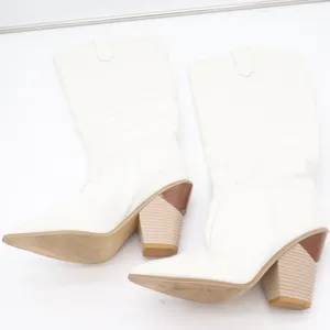 White Croc Embossed Pointed Toe Architectural Block Heel Tall Boots Size 10 41 thumbnail 2