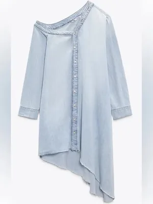 Zara Light Wash Denim Off-the-Shoulder Shirt Dress/Tunic XL NWT thumbnail 3