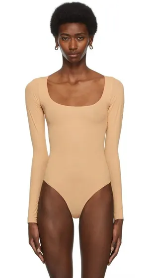 Skims‎ Jelly Sheer Long Sleeve Scoop Neck Thong Bodysuit Clay Nude XS NWT thumbnail 1