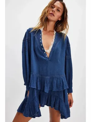 NWT Free People Sachi Denim Blue‎ Boho Cottage Ruffle Cotton Mini Dress thumbnail 2