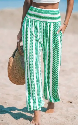 NWT Cupshe Green Geo Smocked Waist Tapered Leg Pants - Size: Small thumbnail 1