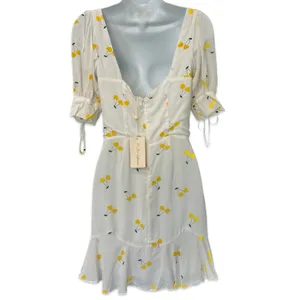 For Love & Lemons White Yellow Cherry Ashland Lace Up Mini Dress size XS NEW Tag thumbnail 6