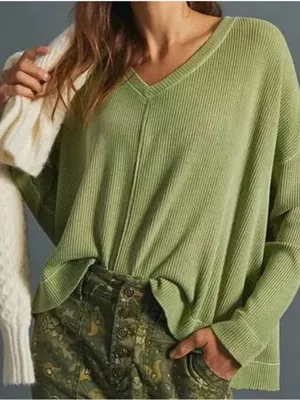 Anthropologie Pilcro Women’s Moira V-Neck Waffle Knit Thermal Top Shirt Size S thumbnail 1