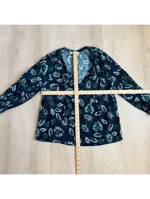 Loft EUC Women's Floral Shirred Tie Neck Blouse Long Sleeve Blue Size L thumbnail 7