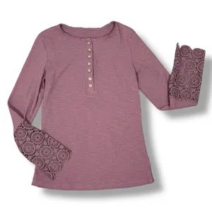 Ribbed Knit Lace Cuff Long Sleeve Henley Shirt‎ Mauve Dusty Rose Size Large thumbnail 12
