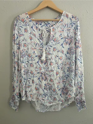 Lucky Brand White Floral Tie-Front Peasant Blouse Floral Boho Bohemian Large thumbnail 1