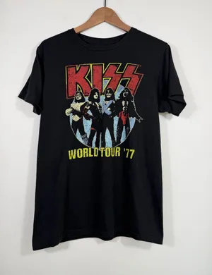 KISS World Tour ’77 Graphic Band Tee Black Medium Vintage Style Cotton Shirt thumbnail 1