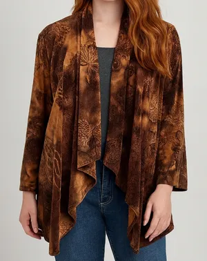 Cato Brown FloralJersey Knit Kimono Cardigan Size Large Earthy Boho Fall Artsy thumbnail 1