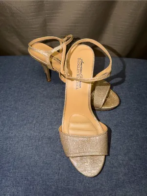 Badgley Mischka American Glamour Gold Glitter High Heel Sandals with Ankle Strap thumbnail 3